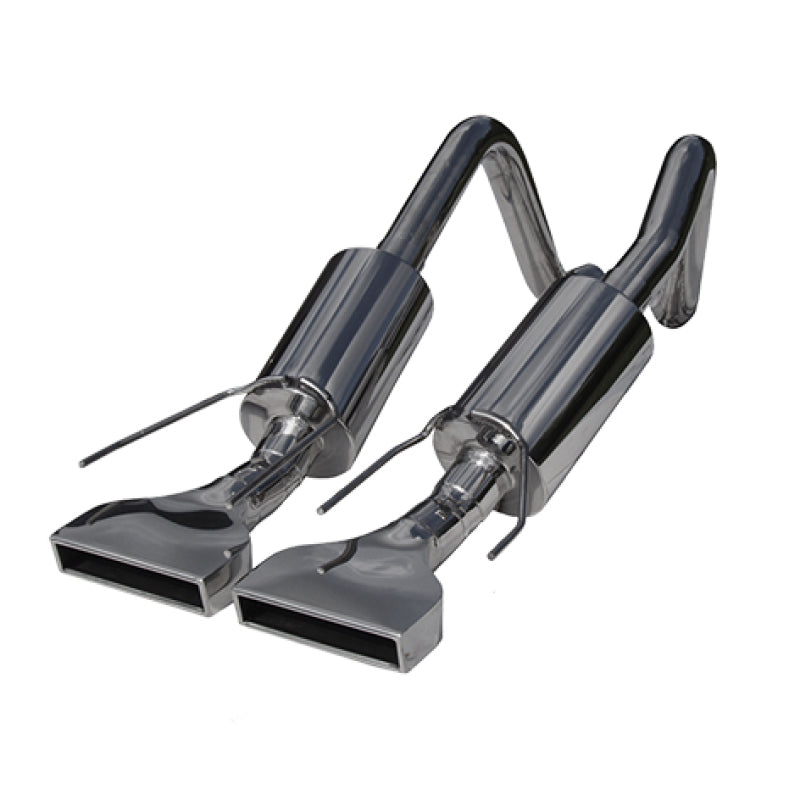 MBRP dual muffler axle back exhaust with rectangular tips for 2005-2008 Chevy Corvette, showing polished stainless steel tips.