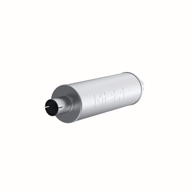 MBRP universal muffler with 2.5-inch inlet and outlet, 26-inch length, made of T409 stainless steel, designed for vehicle exhaust systems.