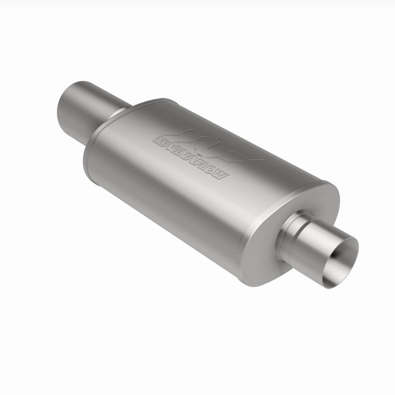 MagnaFlow muffler with polished tip, model RS 14X5X8 3/4.00, showing the sleek, stainless steel design and exhaust outlet.