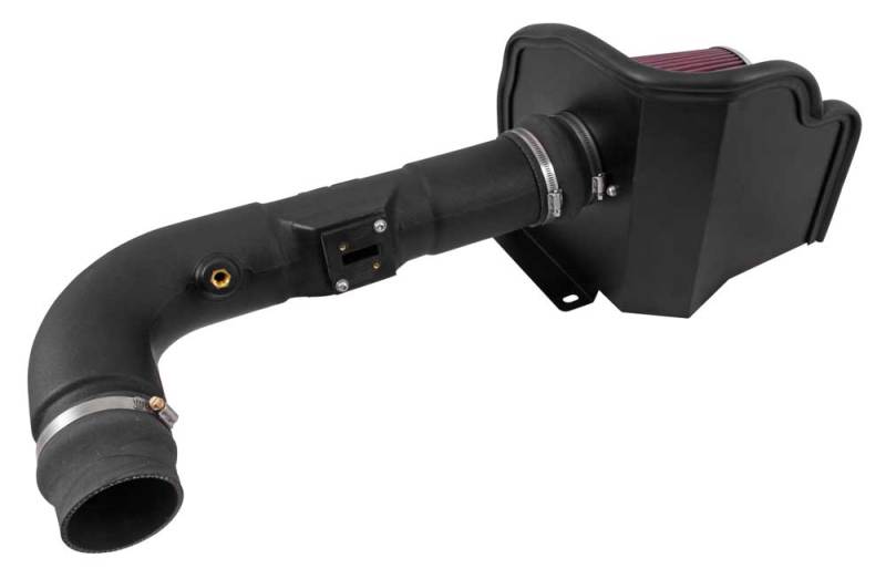 K&N 63 Series AirCharger cold air intake kit installed in a Chevy Silverado or GMC Sierra 4.3L V6 engine, showcasing the performance intake system.