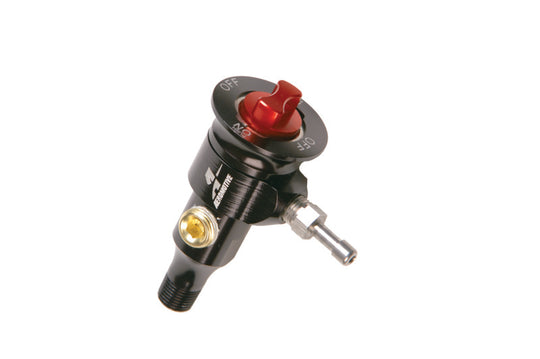 Aeromotive billet fuel sample valve showing a high-quality metal valve with fittings and a sleek finish for fuel testing.