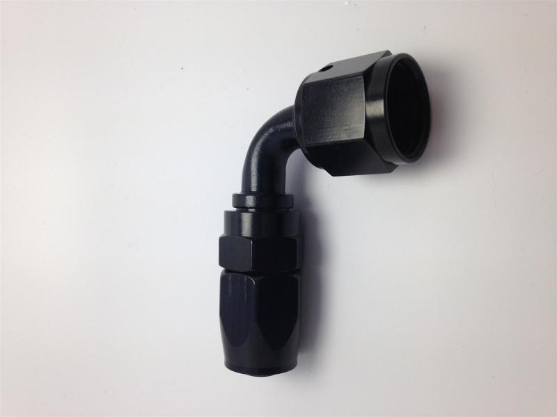 Fragola 16AN x 90 degree black Pro-Flow hose end fitting, durable metal with smooth finish, designed for high-performance automotive use.