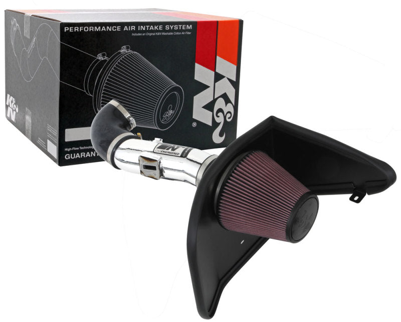 K&N Chevrolet Camaro 3.6L V6 Typhoon Performance Cold Air Intake system with black intake tube and filter attached.