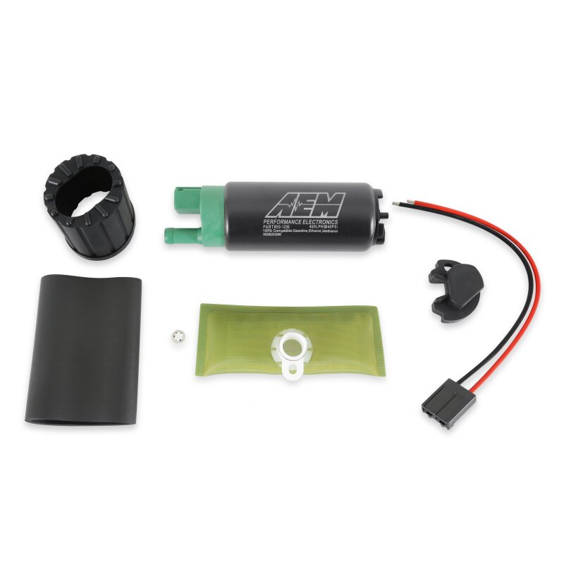 AEM 400 LPH E85 compatible fuel pump kit with single barb connection, designed for ethanol fuel systems, showing the pump and components.