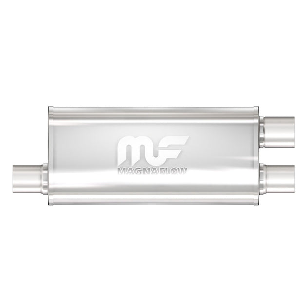 MagnaFlow Mag SS muffler with 18x5x8 inch dimensions and 3/2.5 inch O/D, showing the stainless steel construction and inlet/outlet pipes.