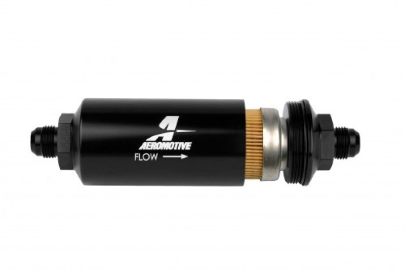 Aeromotive in-line fuel filter with AN-8 male fitting, 10-micron fabric element, black finish, for automotive fuel system filtration.