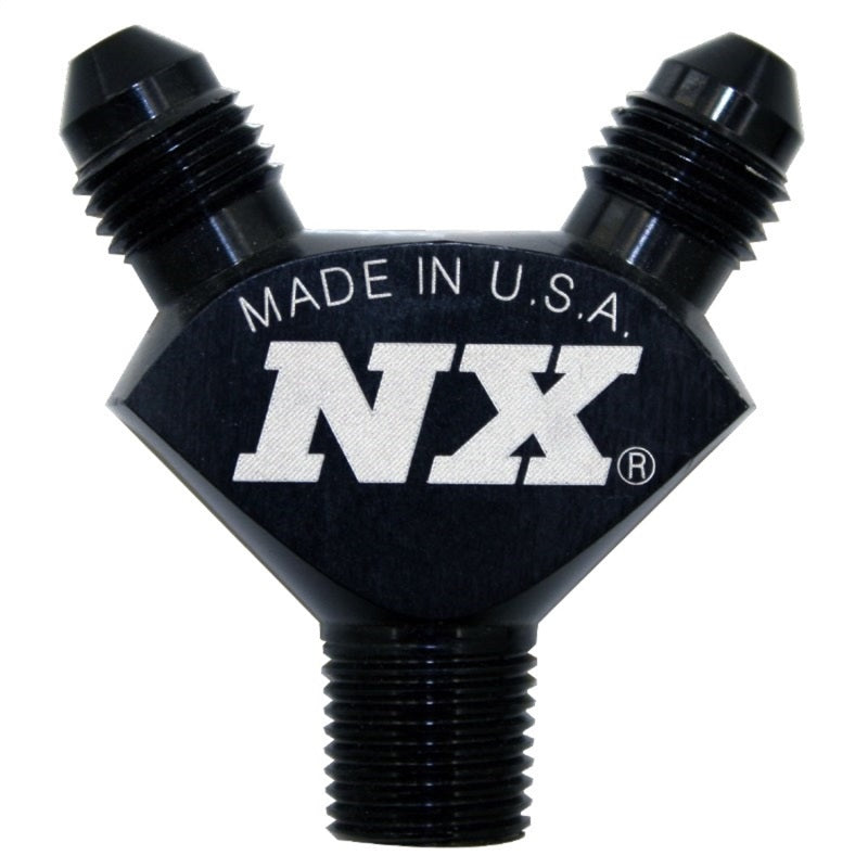 Black Nitrous Express billet Y fitting with 1/8NPT and 3AN connectors for automotive nitrogen or nitrous oxide setups.