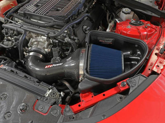 aFe Chevrolet Camaro ZL1 6.2L V8 Track Series carbon fiber cold air intake with Pro 5R filters, installed in the engine bay