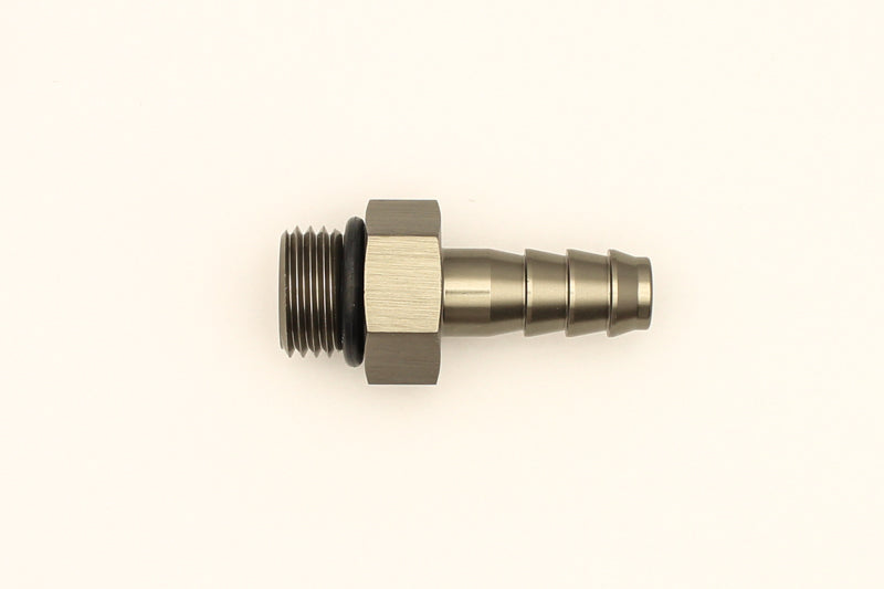 DeatschWerks 6AN ORB male to 5/16-inch triple barb fitting with O-ring, used for fuel or oil line connections.