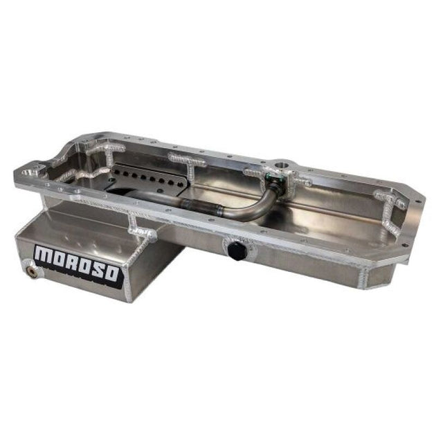 Moroso Toyota 1JZ/2JZ aluminum road race wet sump oil pan with baffles, 5.75-inch deep, 6-quart capacity, for high-performance engines.