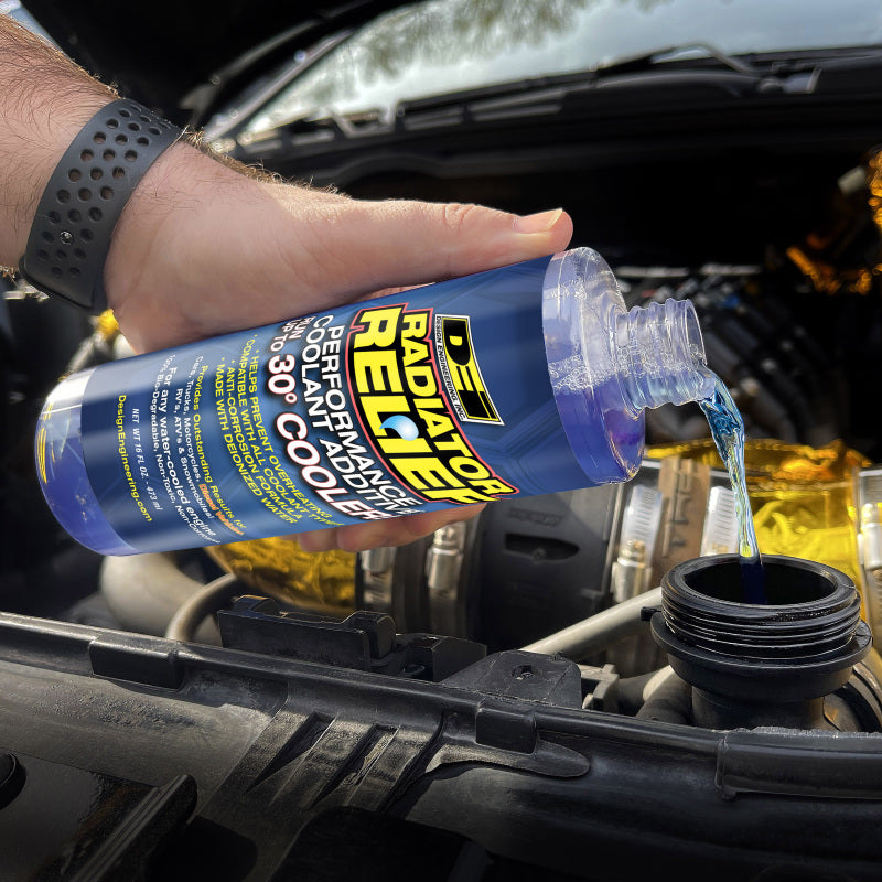 DEI Radiator Relief coolant bottle, 16oz, with label showing product details and branding for automotive radiator cooling system