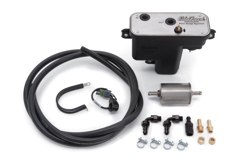 Edelbrock universal fuel sump module with adjustable 255 LPH fuel pump for fuel tanks, shown installed in a vehicle.