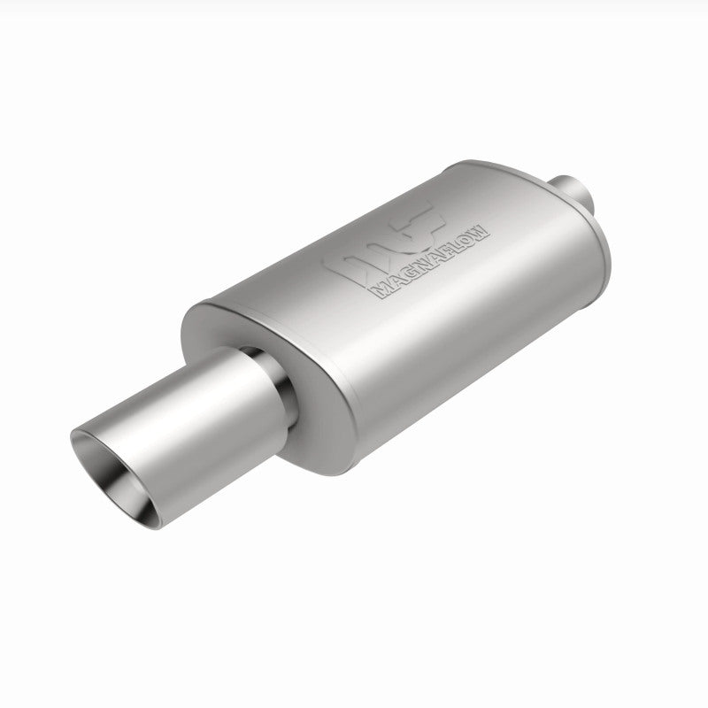 MagnaFlow muffler with tip, model RS 14X5X8, featuring 2.25/4 inch inlet and outlet, automotive exhaust component.