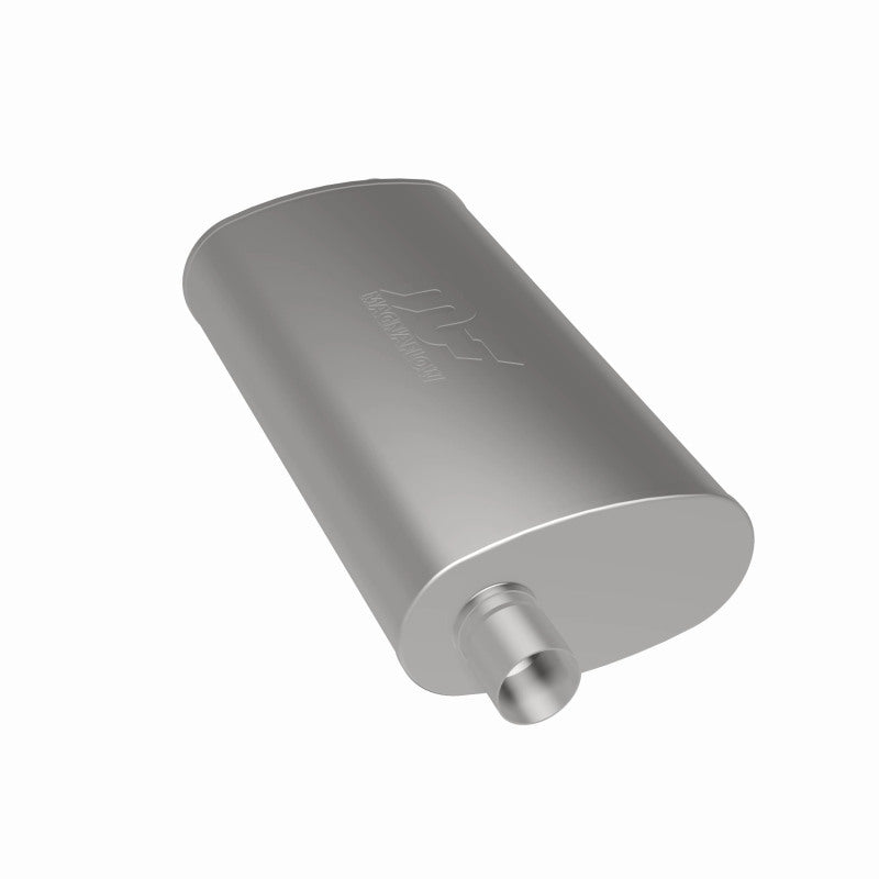MagnaFlow Mag SS muffler with 22x5x11 inch dimensions and 3x3 inlet/outlet, stainless steel construction, installed on vehicle.