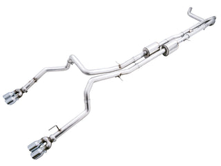 AWE Tuning 4th Gen GM 1500 6.2L catback exhaust with split rear exit and quad chrome tips, showing the polished chrome finish.