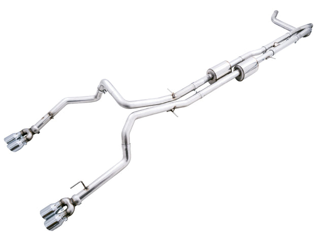 AWE Tuning 4th Gen GM 1500 6.2L catback exhaust with split rear exit, bumper cutouts, and quad chrome tips installed on truck.