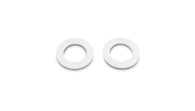 Pair of Vibrant -12AN PTFE washers for bulkhead fittings, shown in close-up with a metallic finish and precise detailing.
