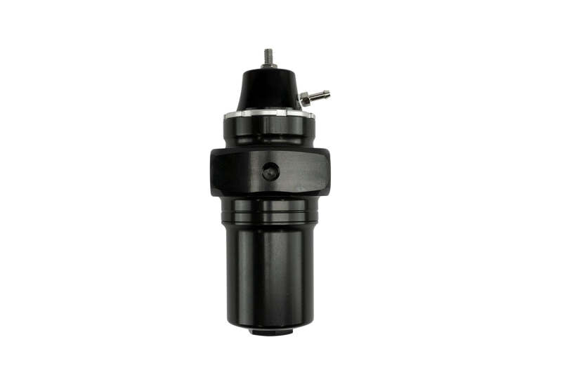 Turbosmart FPRF6 black fuel pressure regulator and filter for automotive fuel systems, shown in a close-up image.