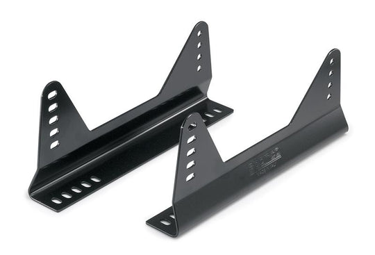 Black Sparco side mount aluminum seat bracket for racing seats, designed for secure and adjustable installation.