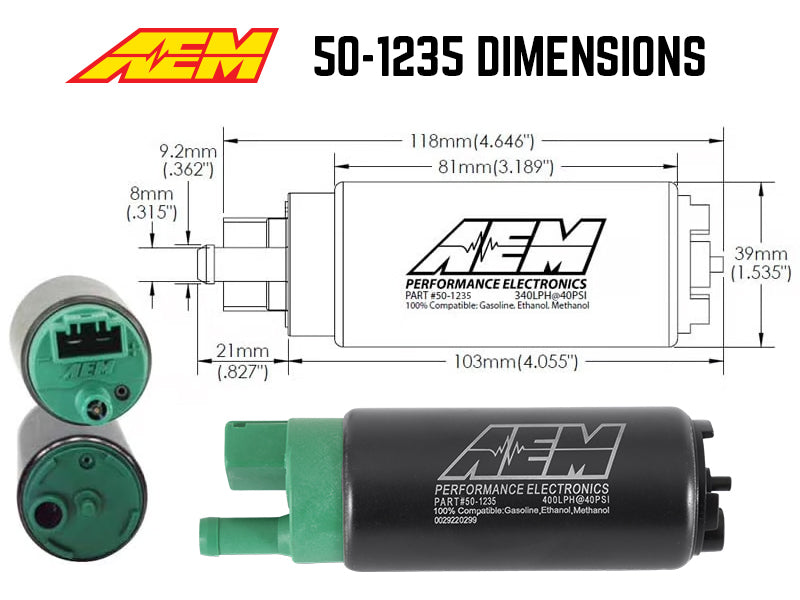 AEM 400 LPH E85 compatible fuel pump kit with single barb fitting, designed for ethanol fuel applications.