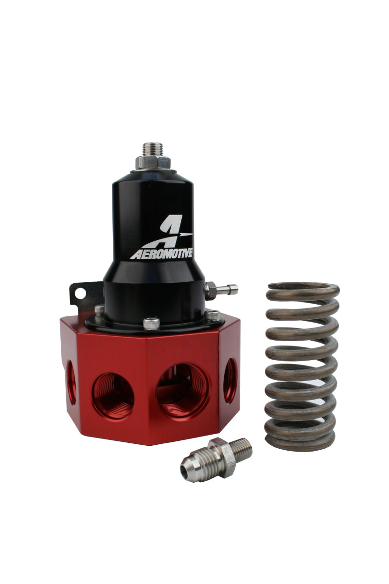 Aeromotive fuel pressure regulator with 30-120 PSI range, .500 valve, four AN-08 and AN-10 inlets, and AN-10 bypass connection.