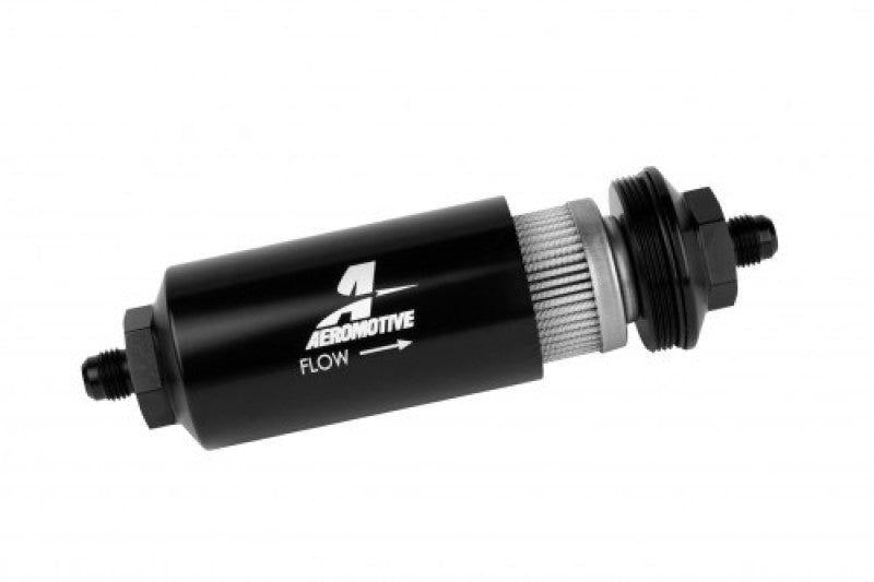 Aeromotive in-line fuel filter with AN-6 male fittings, 40-micron stainless mesh element, bright dip black finish.
