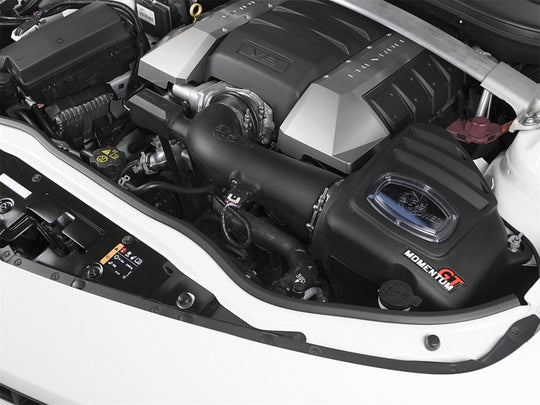 aFe Momentum GT Pro 5R cold air intake system installed in a 2013-2015 Chevrolet Camaro SS V8 6.2L engine bay.