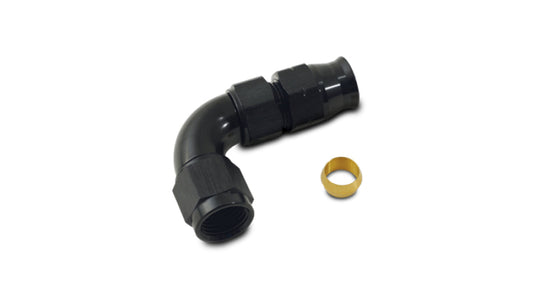Vibrant 3/8-inch tube to -6AN female 90-degree union adapter fitting with olive inserts for automotive or industrial fluid connections.