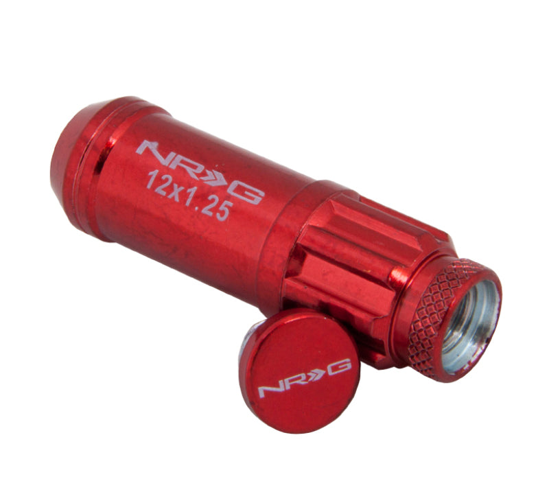 NRG 700 Series M12 x 1.25 steel lug nut set with dust cap, locks, lock socket in red for vehicle wheels.
