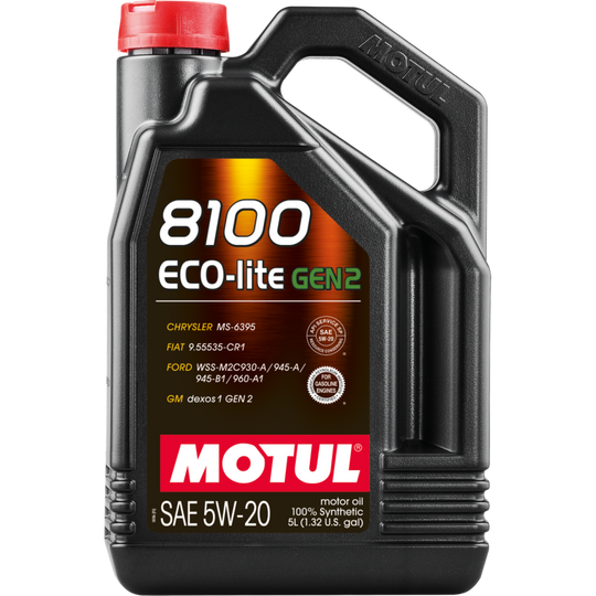 Motul 5L 8100 Eco-Lite Gen3 5W20 full synthetic engine oil container for motor vehicles.