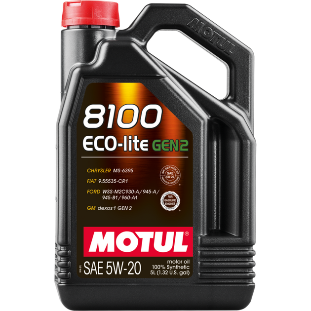 Motul 5L 8100 Eco-Lite Gen3 5W20 full synthetic engine oil container for motor vehicles.