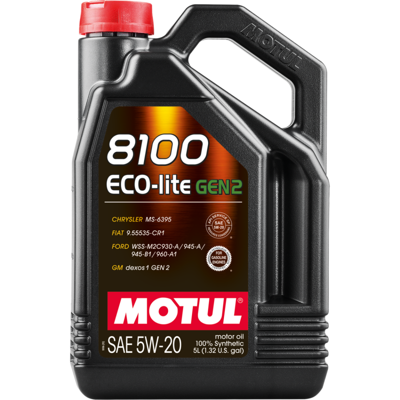 Motul 5L 8100 Eco-Lite Gen3 5W20 full synthetic engine oil container for motor vehicles.