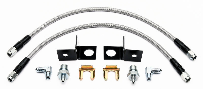 Wilwood rear brake line kit for 2005-06 Ford Mustang with DL caliper, flexible brake lines and fittings, installed on vehicle.