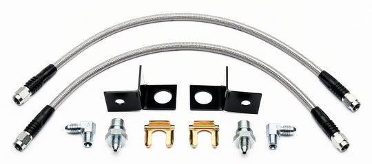 Wilwood rear brake line kit for 2005-06 Ford Mustang with DL caliper, flexible brake lines and fittings, installed on vehicle.
