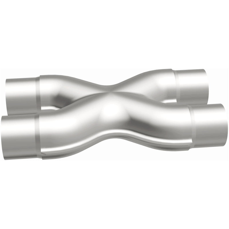 MagnaFlow Smooth Trans X 2.25/2.25 stainless steel X pipe for exhaust systems, showing the polished pipe with welded joints.