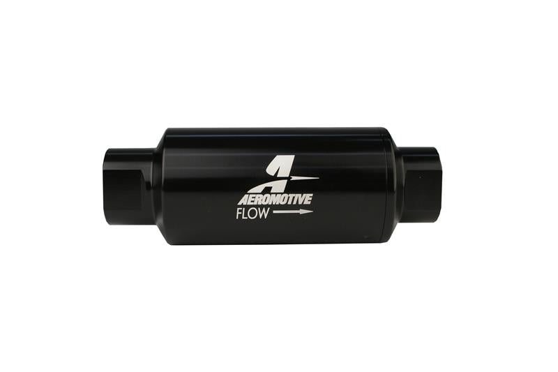 Aeromotive black AN-10 inline fuel filter with 100 micron filtration, designed for high-performance automotive fuel systems.
