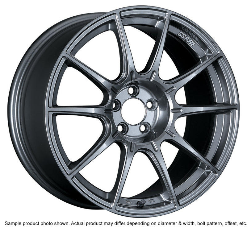 SSR GTX01 18x9.5 dark silver cast wheel with 5x114.3 bolt pattern and 40mm offset, shown from a front angle.