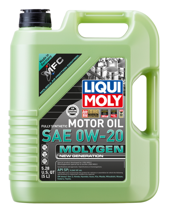 LIQUI MOLY Molygen New Generation 5L SAE 0W20 motor oil container with label and cap for automotive engine lubrication