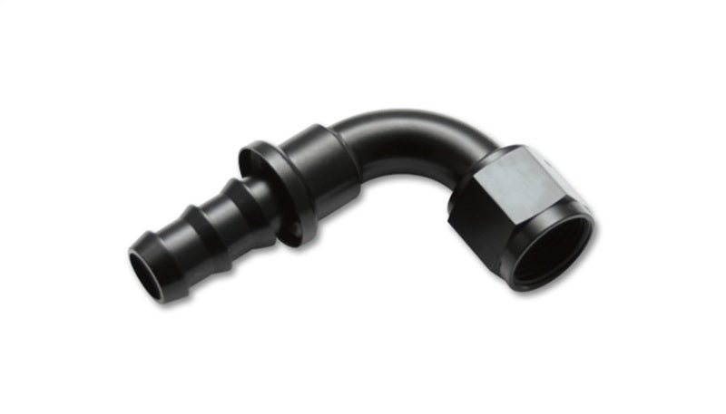 Vibrant aluminum -10AN push-on 90-degree hose end fitting with a vibrant finish, designed for high-performance automotive hoses.