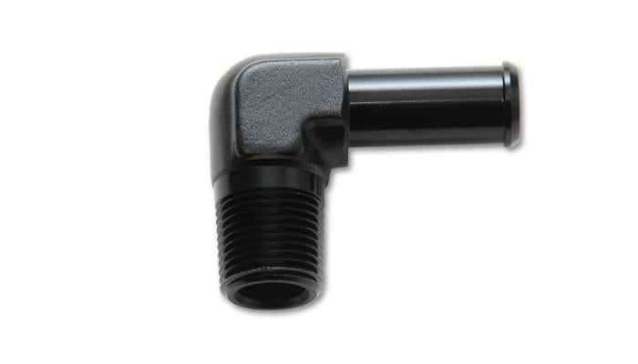 Vibrant 3/8 NPT to 3/8 barb 90 degree fitting showing metal fitting with threaded NPT end and barbed connector for hoses.