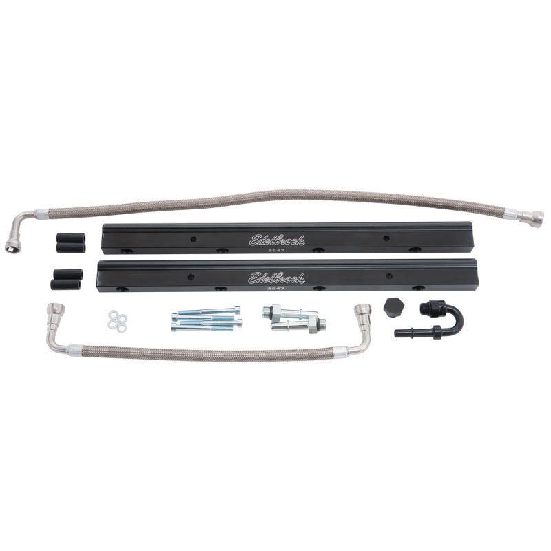 Edelbrock Chrysler Gen III HEMI EFI fuel rail kit for 5.7L, 6.1L, and 6.4L engines, featuring metal fuel rails and fittings