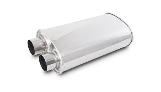 Vibrant Streetpower oval muffler with 2.50-inch inlet and outlet, showcasing a sleek, vibrant exhaust component for performance vehicles.