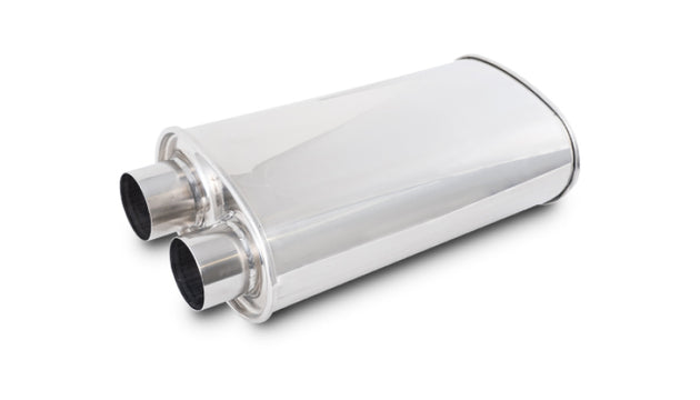 Vibrant Streetpower oval muffler with 2.50-inch inlet and outlet, showcasing a sleek, vibrant exhaust component for performance vehicles.