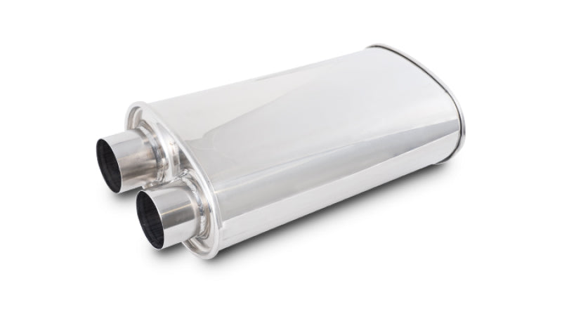 Vibrant Streetpower oval muffler with 2.50-inch inlet and outlet, showcasing a sleek, vibrant exhaust component for performance vehicles.