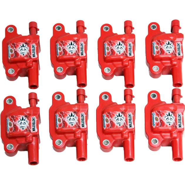 Granatelli Motor Sports red ignition coil pack set for GM LS engines, includes 8 malevolent coil packs for upgraded performance.