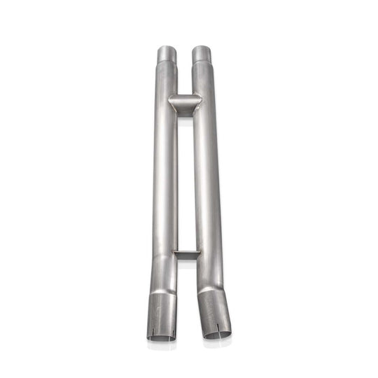 Stainless Works 18-21 Mustang GT mid resonator delete H-pipe connecting pipes, made of stainless steel, shown in the image.