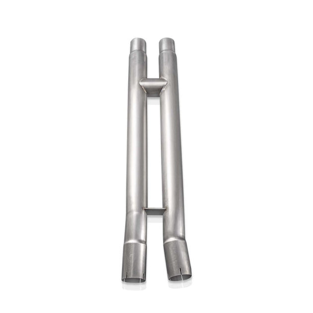 Stainless Works 18-21 Mustang GT mid resonator delete H-pipe connecting pipes, made of stainless steel, shown in the image.