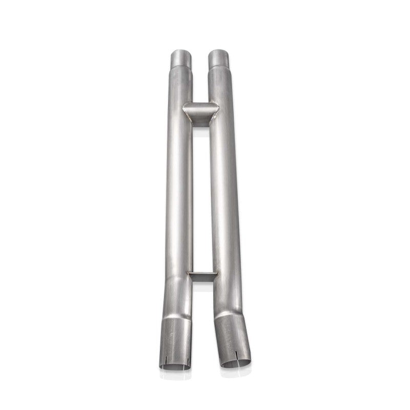 Stainless Works 18-21 Mustang GT mid resonator delete H-pipe connecting pipes, made of stainless steel, shown in the image.