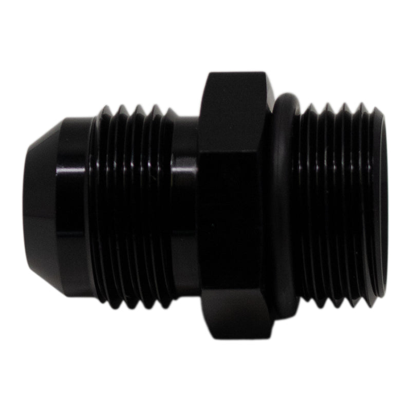 DeatschWerks 10AN ORB male to 10AN male flare adapter with O-ring, matte black anodized fitting for high-performance fluid connections.
