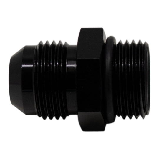 DeatschWerks 10AN ORB male to 10AN male flare adapter with O-ring, matte black anodized fitting for high-performance fluid connections.